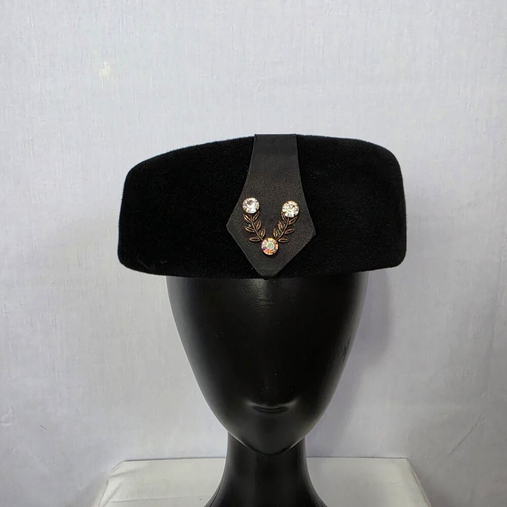 Vtg Vicki Union Made Felt Pill Box Hat Rhinestones Retro 60s Peachbloom Velour